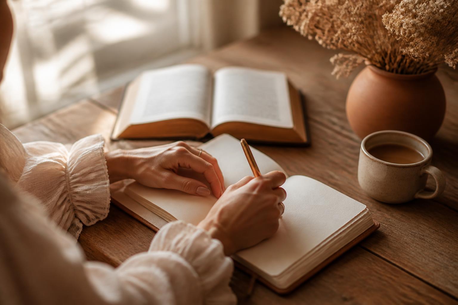 Woman writing in a journal beside an open Bible and a cup of coffee